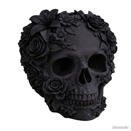 Statue Décoration Gothique Crâne Squelette Noir Et Doré Avec Motifs Floraux - Résine - Halloween