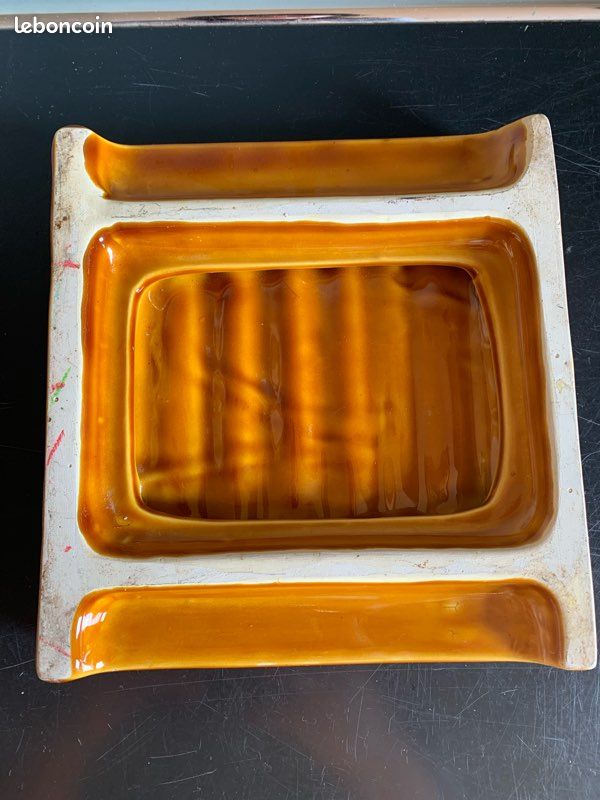 Plat à Tapas Ancien En Barbotine 4 Compartiments - France Années 70, Céramique Verte