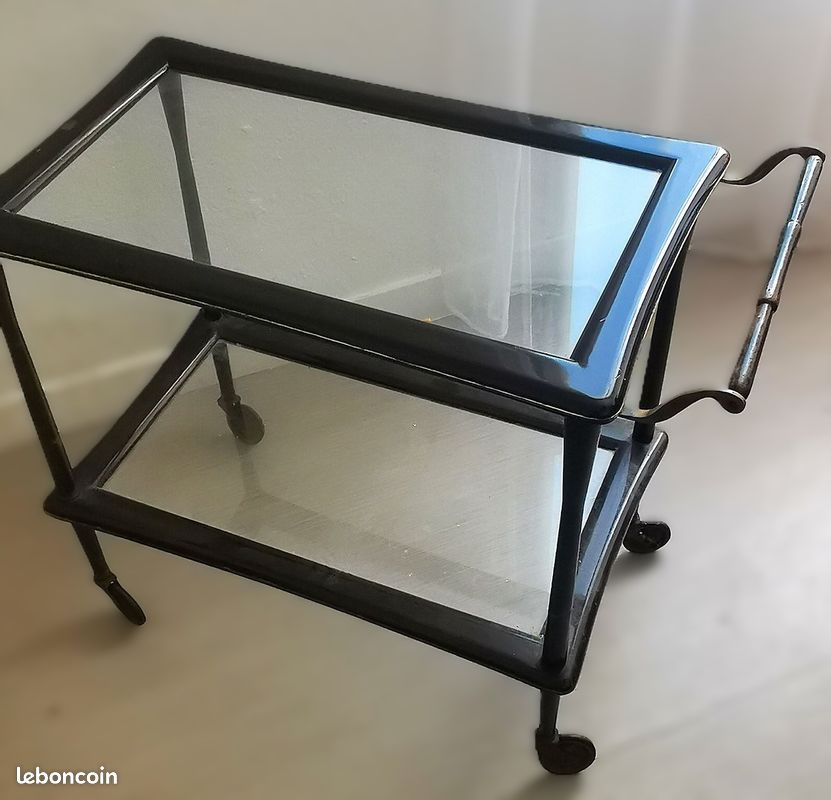 Desserte années 1950 par Cesare Lacca à deux plateaux de verre en laiton et palissandre laqué (image 2)