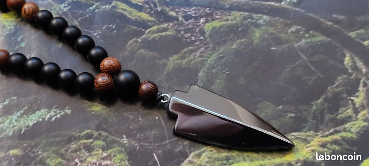 Collier Perles D'agate Mate Et Hématite - Pendentif Flèche En Acier - Longueur 64 Cm - Pour Homme, Style Tribal