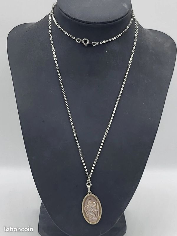 ZV - Collier Chaîne Argentée Médaille Saint Christophe Ovale Vintage Protection - Collection