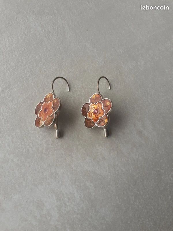 Boucles D'oreilles Bronze Et Corail Multicolore - Occasion TTB (40g) - Origine France