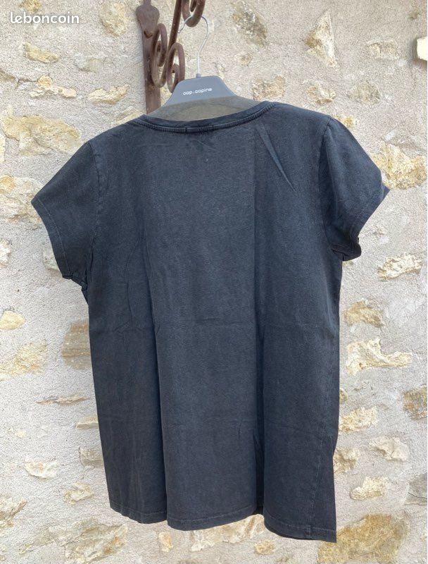 Tee-shirt col V, manches courtes, en coton noir délavé sérigraphié, La Petite Étoile, T3 = 40/42 (image 8)