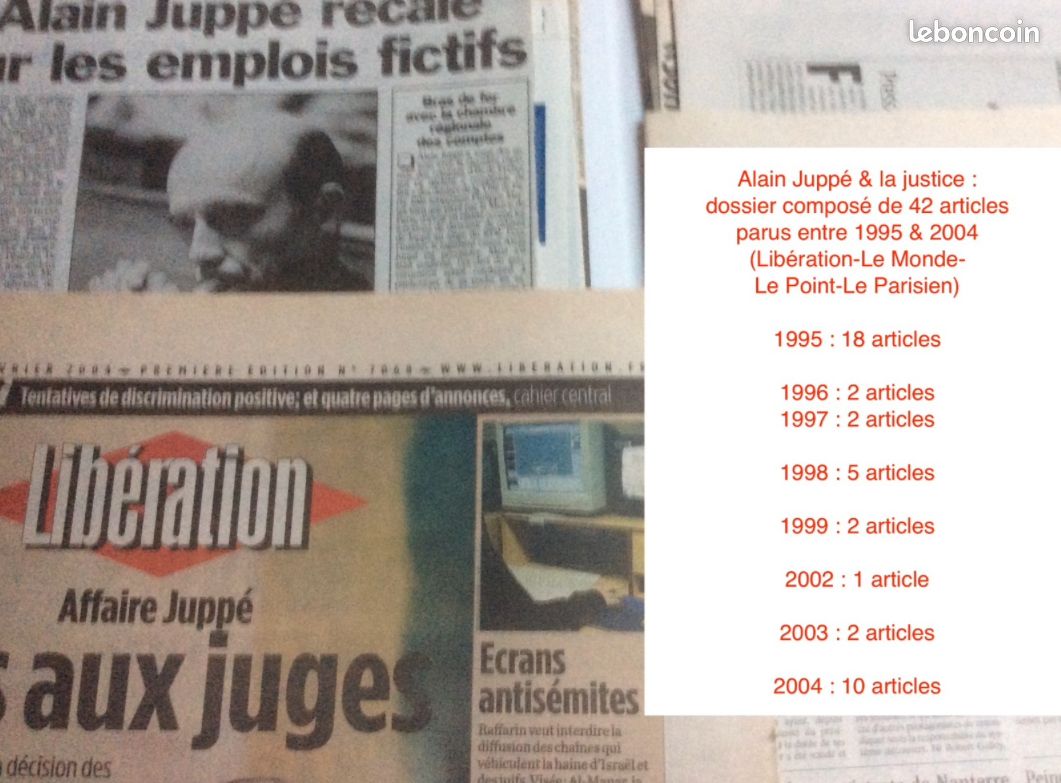 Alain Juppé & la justice : dossier composé de 42 articles parus entre 1995 & 2004 (Libération-Le Monde-Le Point-Le Parisien) + 15 N° du Canard Enchainé (1995/97) où Juppé fait la Une et 4 articles du (image 1)