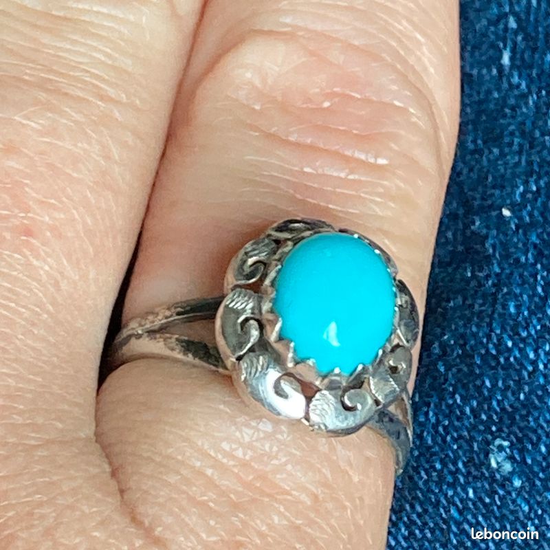 Bague Ancienne Argent Massif 925 Avec Turquoise Navaro - Taille 58, Poinçon T61,5 (Occasion)
