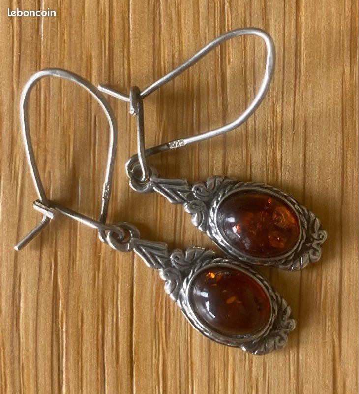 Paire De Boucles D'oreilles Argent Massif 925 Et Ambre - Marque Lewa (France)