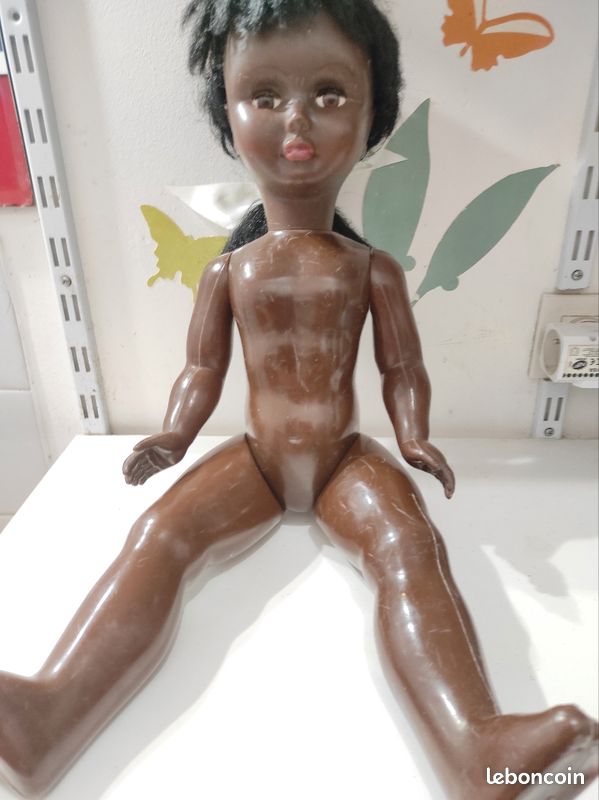Poupée Ancienne Composition 47 Cm – Fille, Cheveux Noirs, Vintage, Manque De Cils