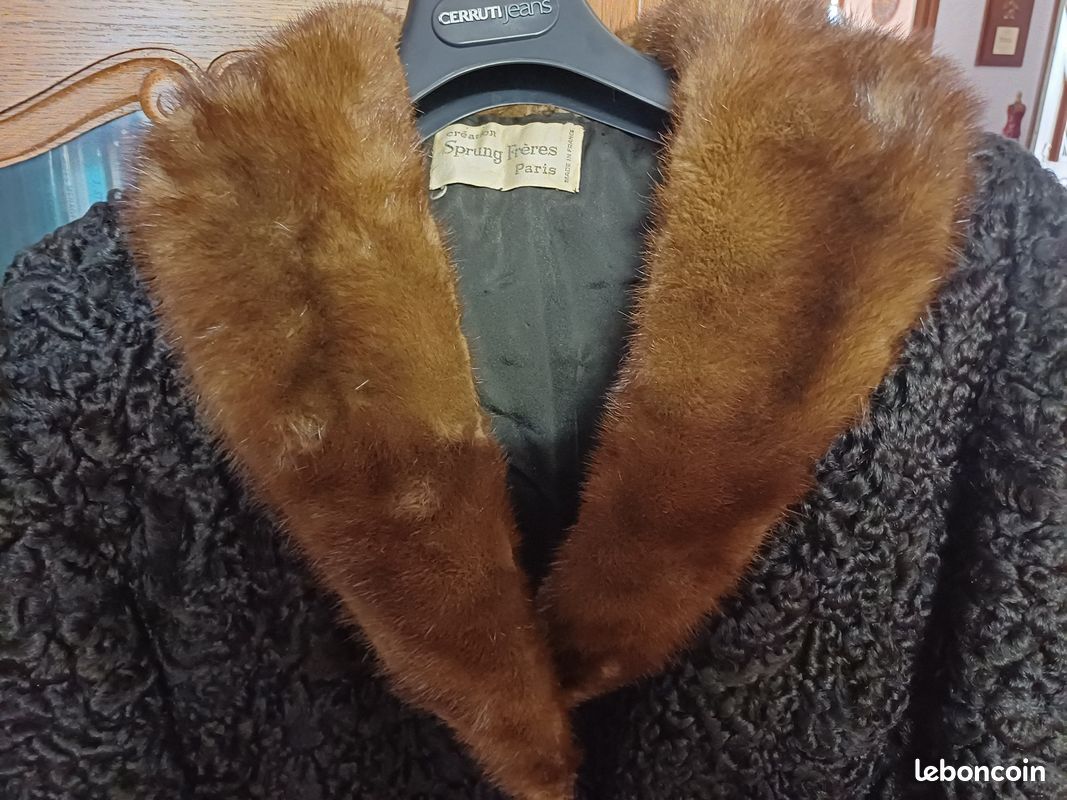Manteau Vintage En Astrakan Et Col Vison - Années 90, Fait Main, Taille M, Noir