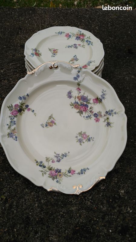 Service à gâteau ancien fleurs (bleu rose violet) (image 3)
