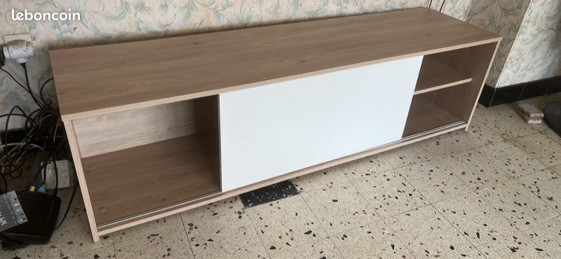 Meuble TV bois et blanc porte coulissante (image 2)