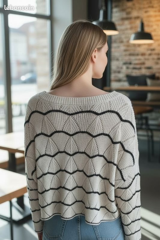 Pull Rayé Beige Et Noir UN JOURS AILLEURS - Taille 3 (40/42), Coton, Occasion Très Bon état