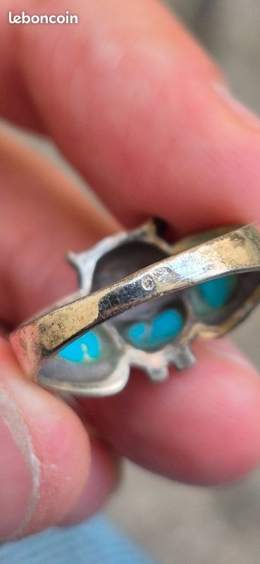Bague Ancienne Argent Massif 925 Avec Turquoise Navaro - Taille 58, Poinçon T61,5 (Occasion)
