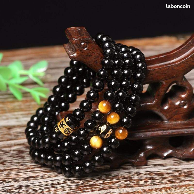 Bracelet collier Tibétain mantra multitour en Agate noire et Oeil de Tigre (image 4)
