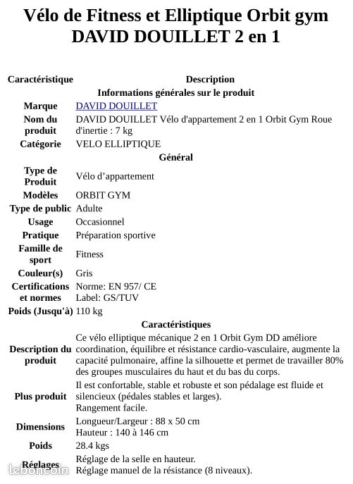 Orbit Gym Velo Elliptique Mecanique D Appartement David Douillet