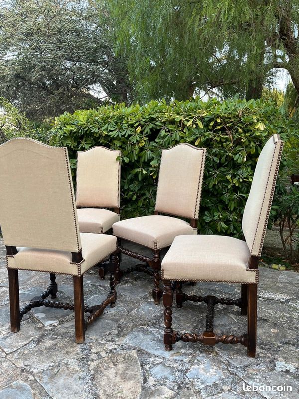 Lot 4 chaises style Louis XIII (torsadées), noyer et lin clouté (image 6)