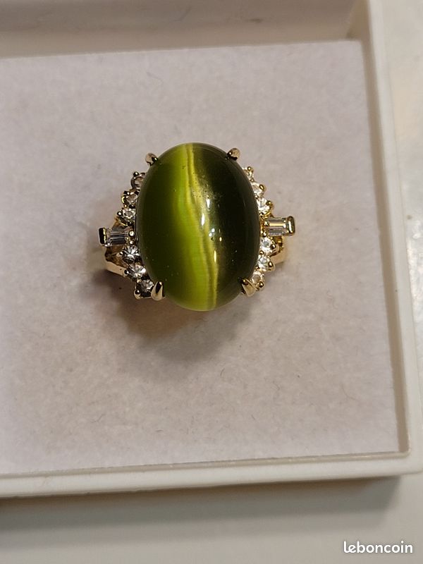 Bague En Métal Argenté Avec Pierre œil De Chat Vert Jade - Taille 59 - Neuf Sans Emballage - Style Bohème