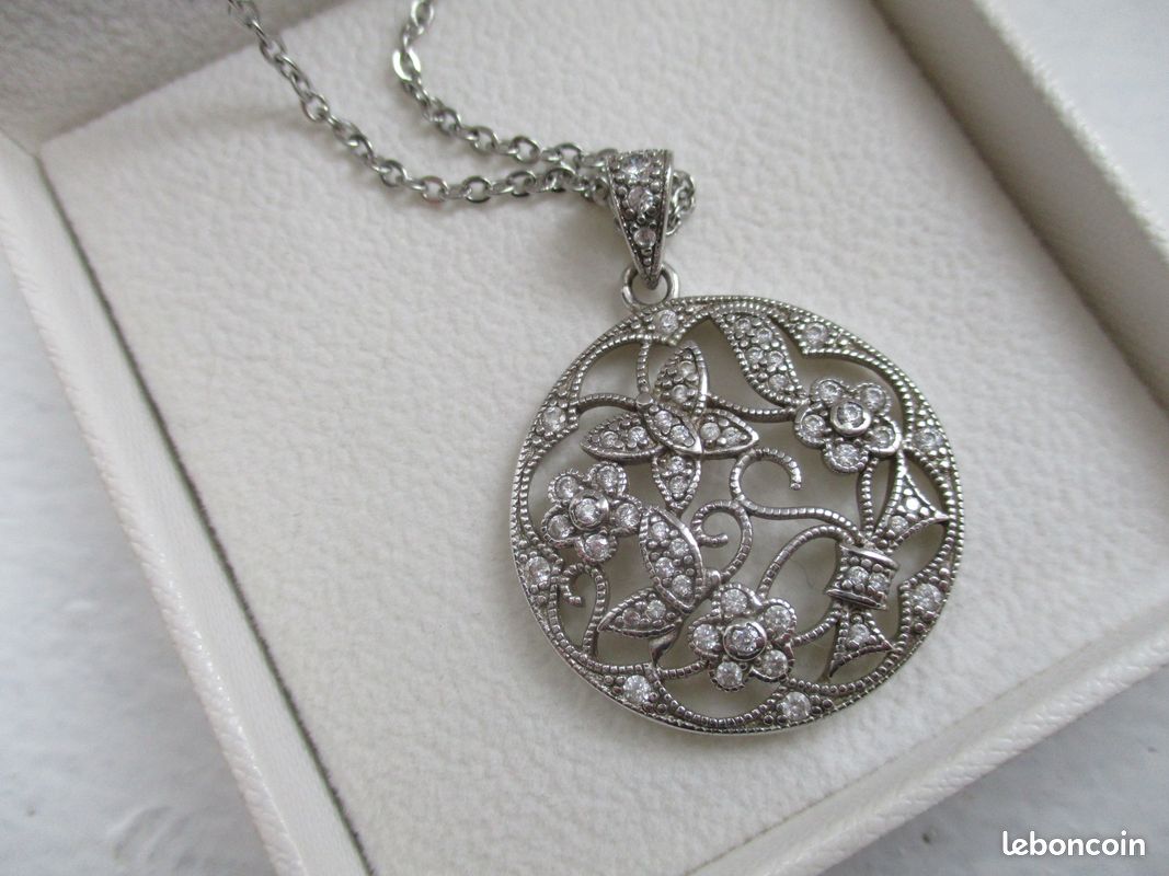 Sautoir En Argent Massif Avec Pendentif Zirconiums - Longueur 60 Cm - Occasion