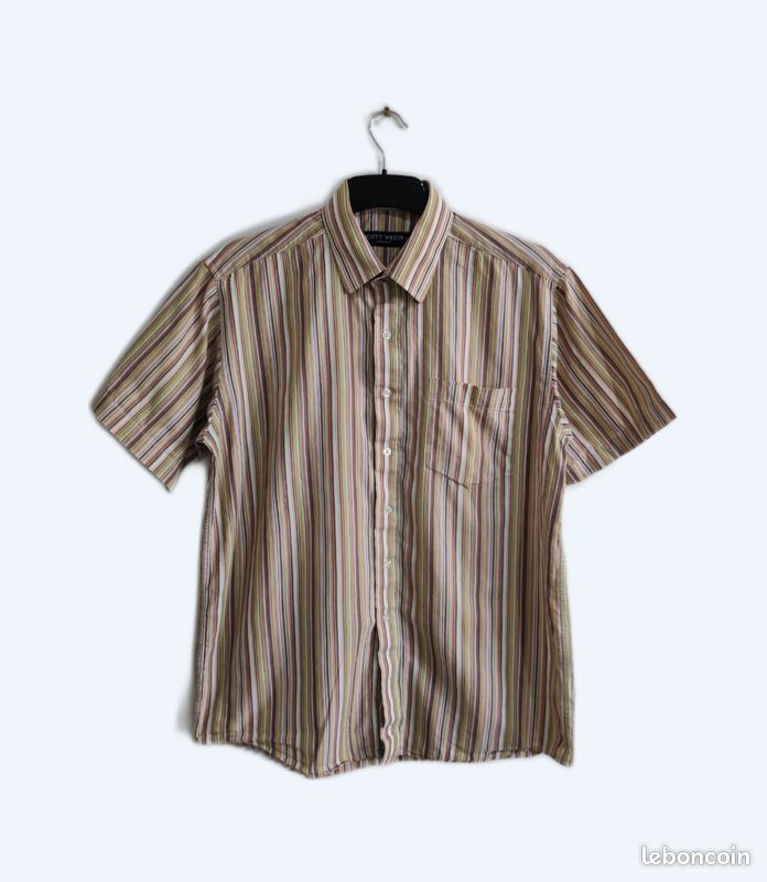 Chemise manches courtes Scott Wilson à rayures vert kaki marron beige taille L (image 1)