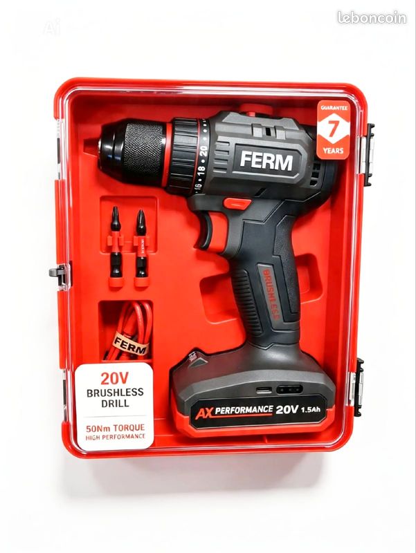 Perceuse Visseuse Sans Fil FERM 20V Brushless - Couple 50Nm 1.5Ah (image 1)