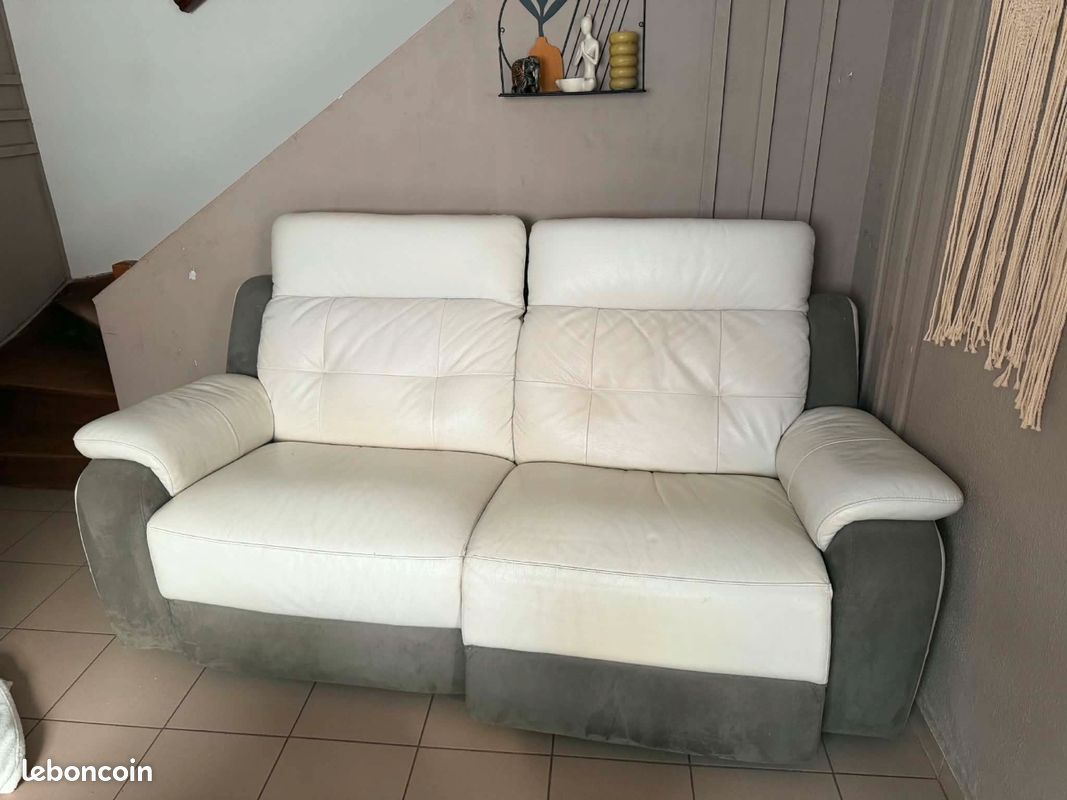 Canapé 2 places relax – cuir blanc / gris (image 1)