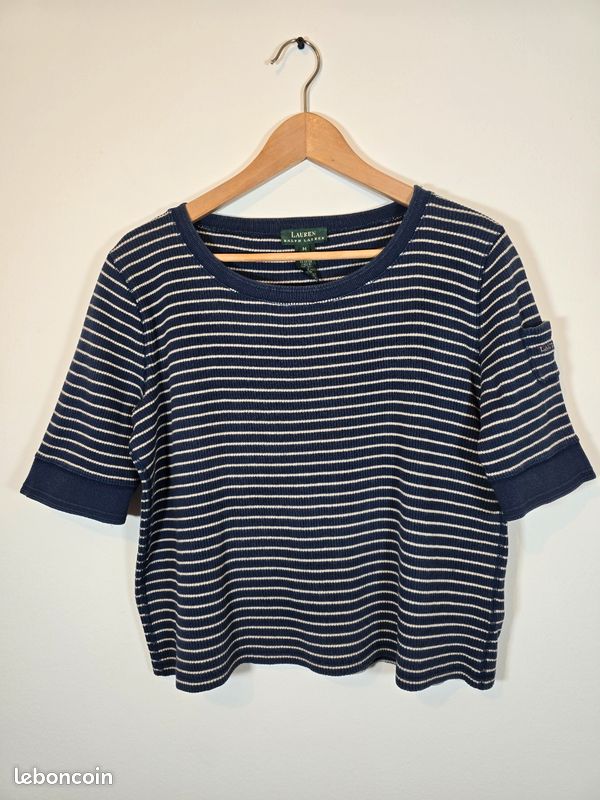 Ralph Lauren T-Shirt Femme M Bleu à rayures Été Classique Chic Vintage Casual Très Bon état (image 7)