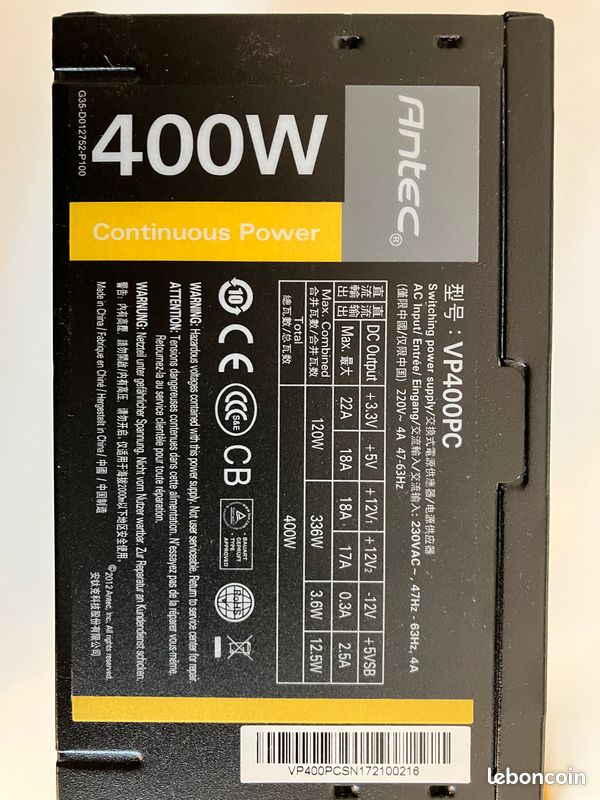 Alimentation PC ANTEC VP400PC 400W, En Bon état De Fonctionnement