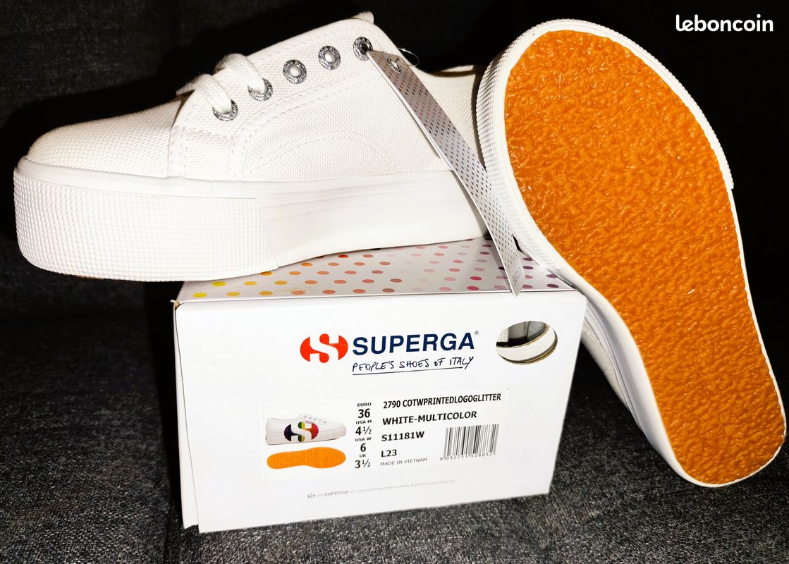 Chaussures baskets Superga plateforme blanches logo multicolore pailleté - neuves - 36 (image 2)