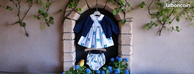 Jacadi - ensemble 3p bébé fille - robe, culotte & gilet motif tourterelles 6m (image 1)