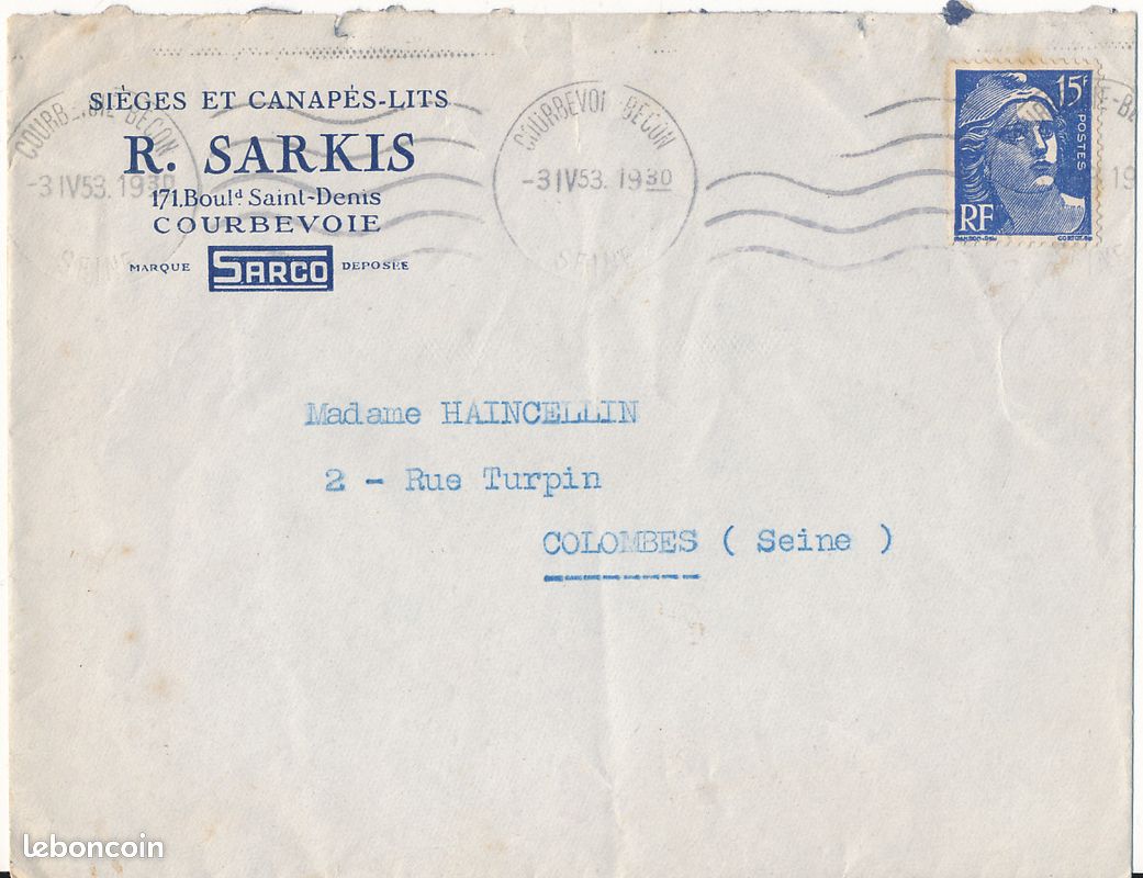 Cachet Oblitération Courbevoie-Bécon (1953) R. Sarkis, Timbre Marianne de Gandon 15 F outremer (image 1)