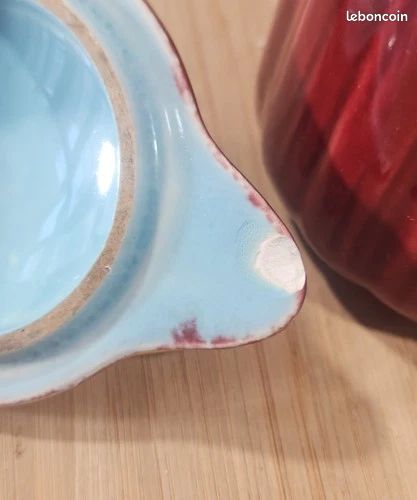 Ancien Rare Cafetière Rouge A Couvercle Barbotine Fleurs Émaillée KG LUNÉVILLE (image 16)