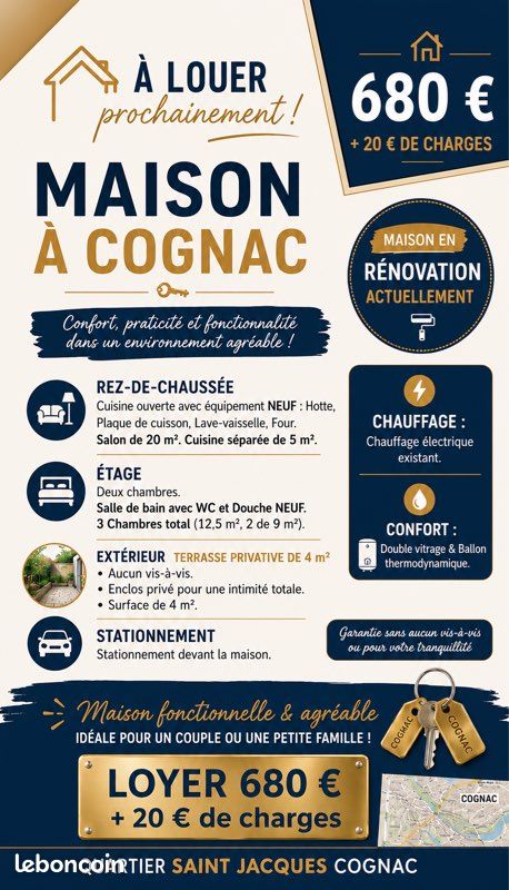 Maison 5 pièces 68 m² · à Cognac · 68 m² · 700 €