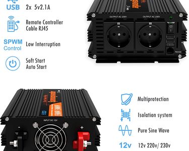 EDECOA Convertisseur 24V 220V Pur Sinus 3500W transformateur 2x USB  Télécommande