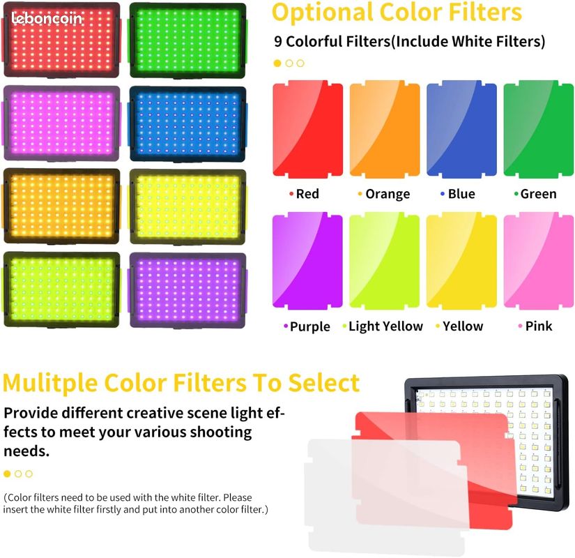 Kit d'éclairage Vidéo à LED, Pack de 2 Eclairages de Photographie avec Trépied Réglable 9 Filtres (image 3)
