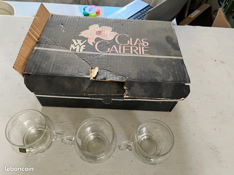SERVICE À PUNCH en verre émaillé 1900, Art Nouveau, ancien