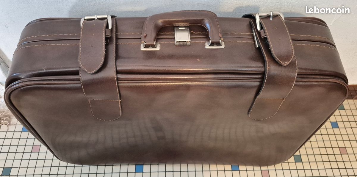 Ancienne Valise En Cuir Marron, Grand Bagage à Main Vintage - France