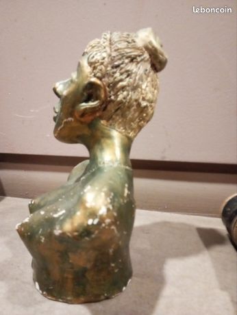 Buste Ancien En Plâtre – Fille Et Oiseaux – Le Printemps – Sculpture Vintage – Déco