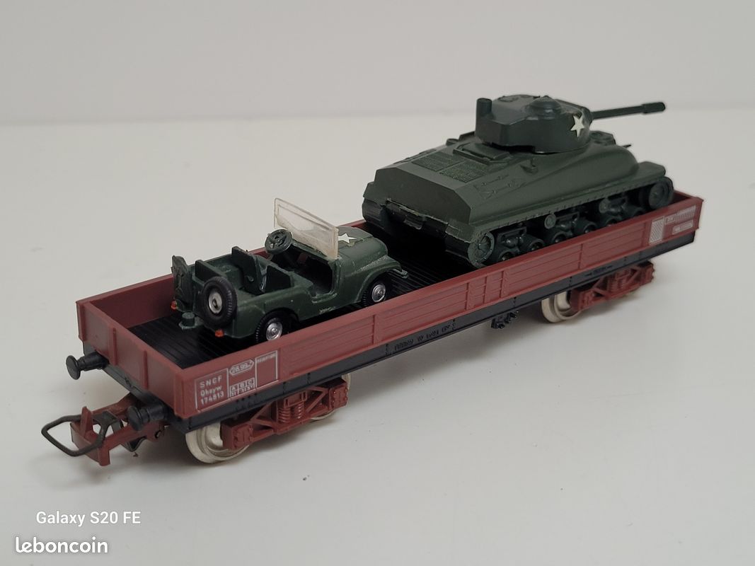Train wagon N° 6602 Wagon plat SNCF à bogies type TP avec chargement char et jeep Jouef Ho (image 6)