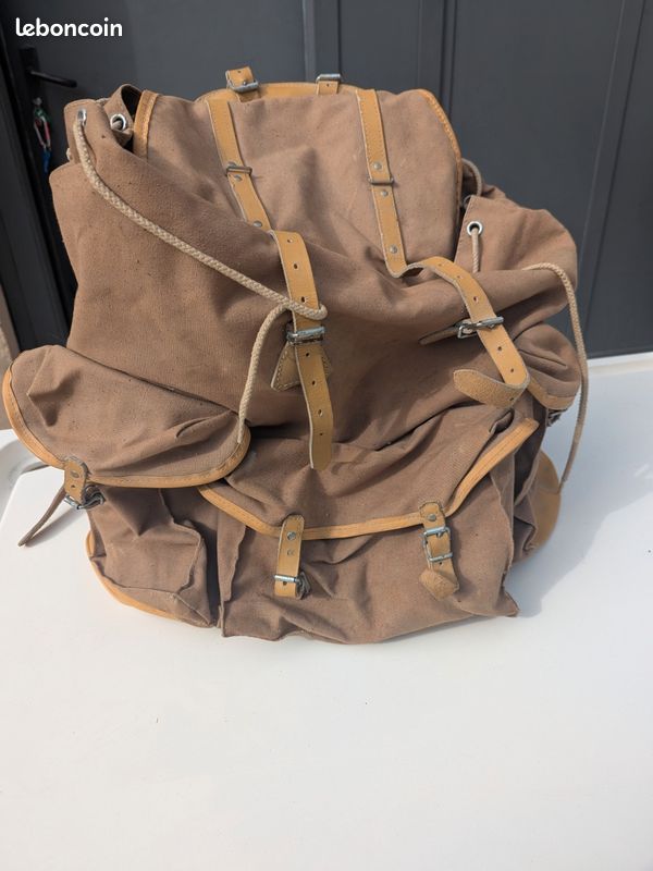 Sac à dos vintage années 50 Lafuma Millet France toile marron randonnée