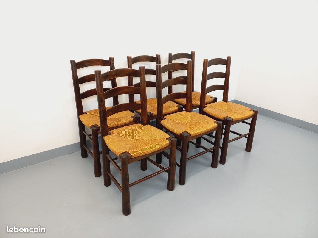 Suite de 6 chaises brutalistes vintage Georges Robert en bois et paille des années 50 60 (image 2)