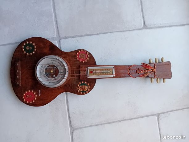 Baromètre Ancien Forme De Guitare Avec Thermomètre – Bois – Décor Rétro