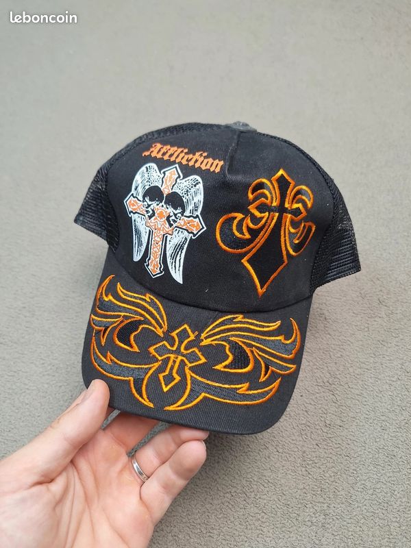 Casquette Affliction rock trucker snapback gothique y2k croix broderies noir Homme #AF01 (image 1)