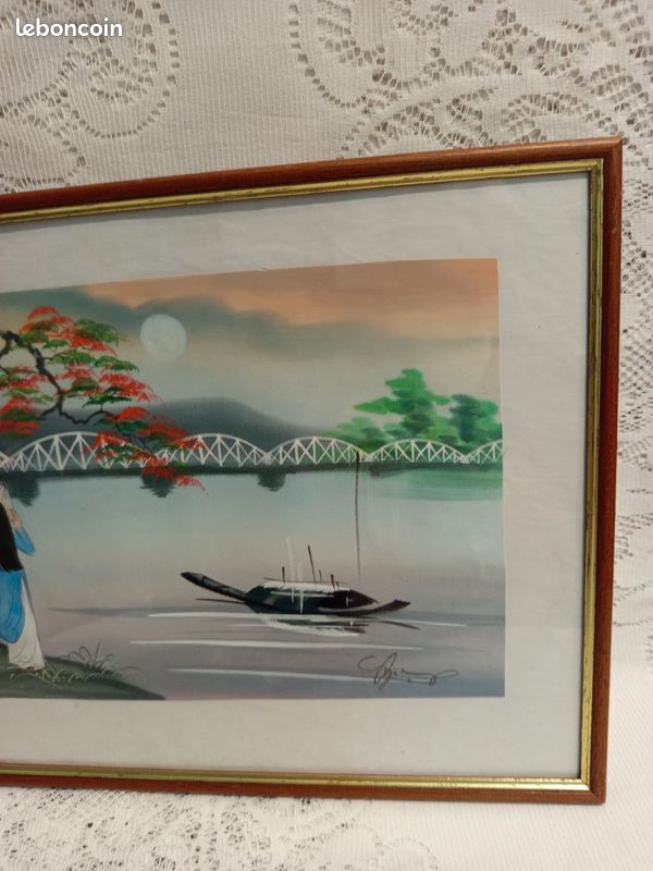 Tableau, Peinture sur soie Vietnam, signé Phong, fin XXéme " Ville de Hué " (image 3)