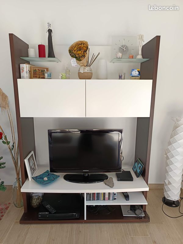 Meuble TV blanc et wengé (image 2)
