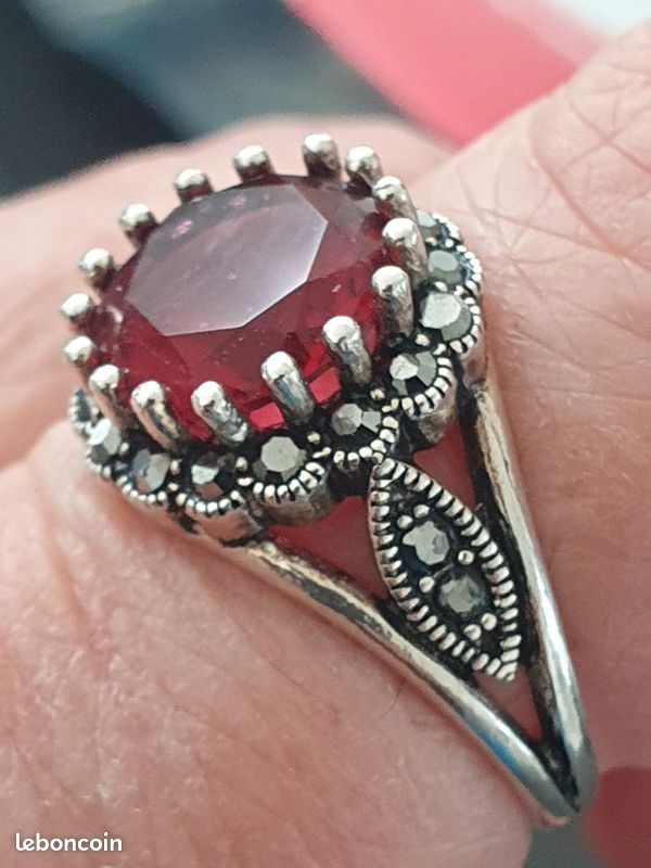 Bague Ancienne En Argent 925 Avec Rubis - Taille 57, Pierre Naturelle Rose