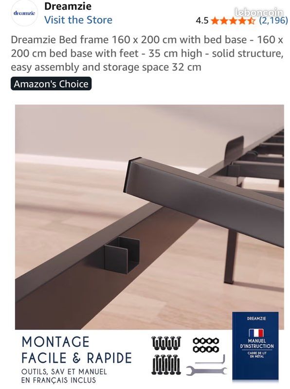 Cadre De Lit 160x200 Avec Sommier - Sommier à Pieds 35cm Hauteur - Espace Rangement 31cm