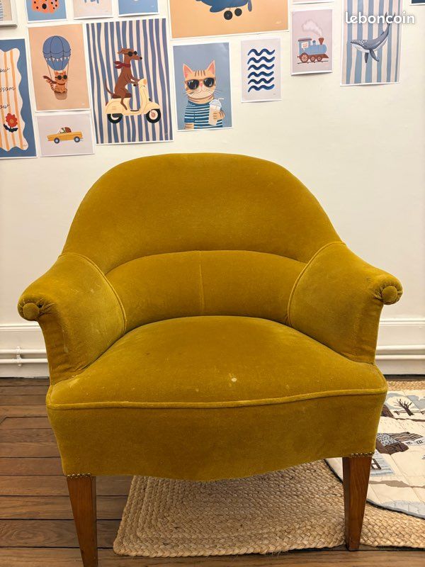 Fauteuil vintage velours jaune moutarde – style années 50/60 (image 2)