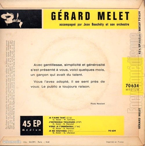 Gérard Melet disque vinyle 45t Oui je m'en vais (image 2)
