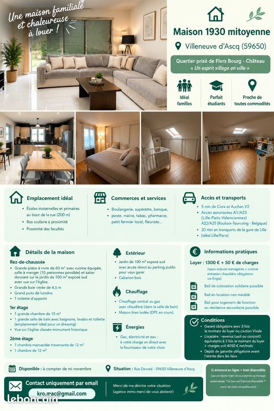 Maison 5 pièces 100 m² · à Villeneuve-d'Ascq · 100 m² · 1 300 €/mois