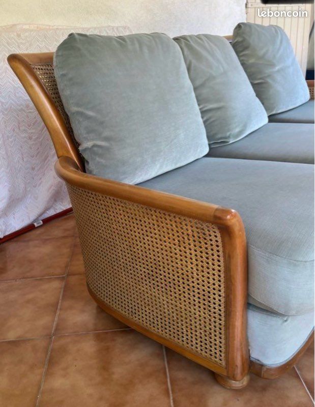 Canapé vintage Roche Bobois 3 places bois cannage velours vert amande (image 7)