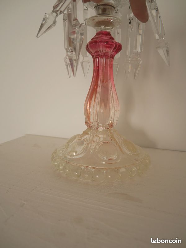 Bougeoir Chandelier Vintage En Verre Moulé Rose - Style Portieux Vallerysthal